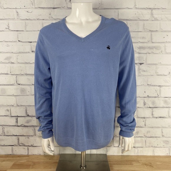 Brooks Brother Sweater Men's Large V-Neck Long Sleeve Blue Linen Blend 346 *FLAW - Picture 1 of 14